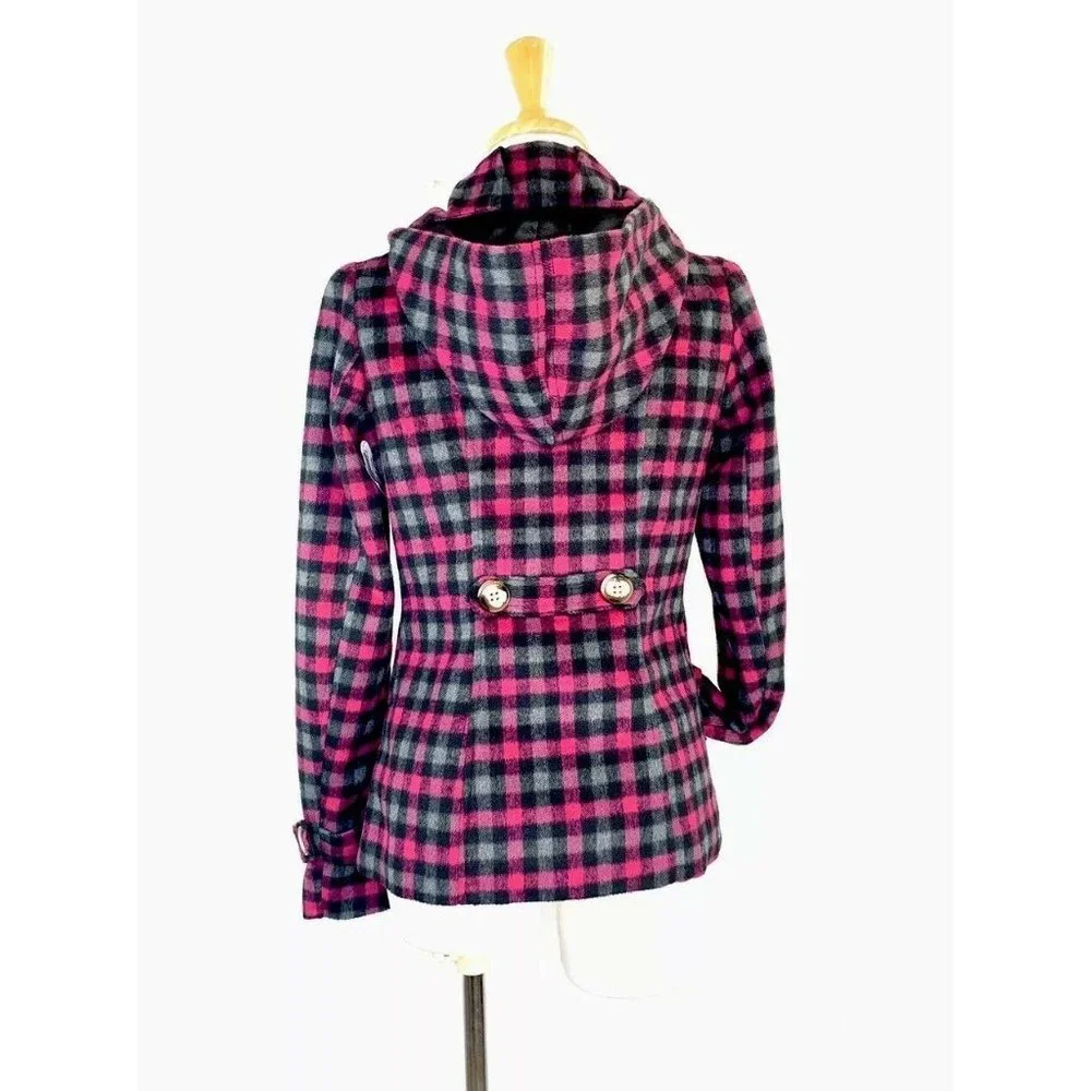 Pink Envelope Women’s Peacoat Hooded Plaid Double Breasted Look Jacket Small - Picture 8 of 11